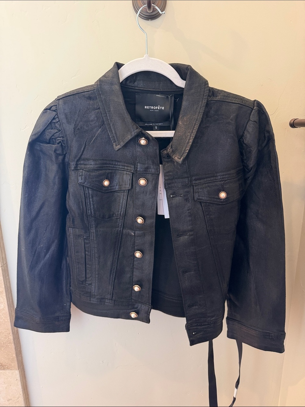 Retrofete glossy Denim Cropped Jacket with Gold Buttons / !! Pearl buttons